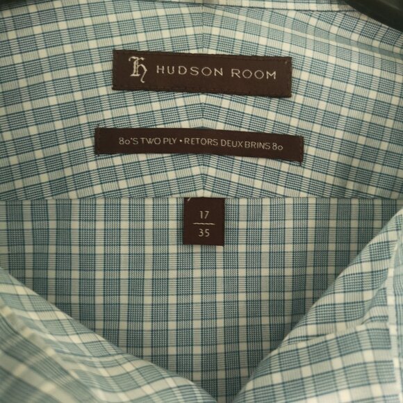 Hudson Room Men Grid Dress Shirt Blue White Egyptian Cotton 17 / 35 - Picture 3 of 6